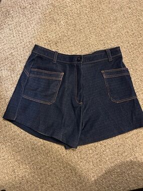 Vtg 70’s Dark Indigo Polyester Denim Shorts with Orange Contrast Stitching M/8
